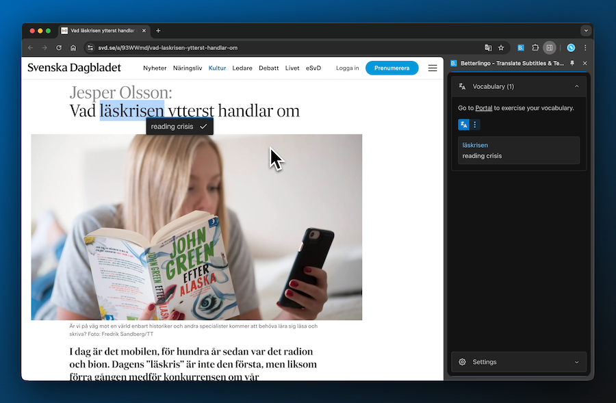 Select, translate and save words from a page